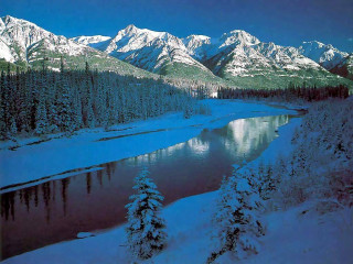 River snow covered mountains evergreen - white snow free wallpaper
