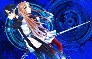Anime characters swords blue background - a couple of anime characters holding swords free wallpaper