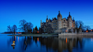 Castle clocktower night water boat - the waters edge free wallpaper