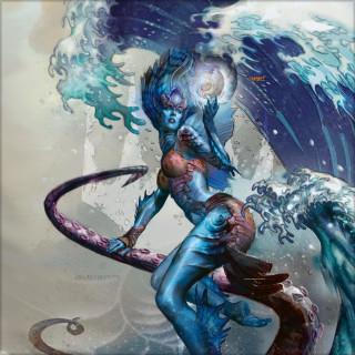 Woman sword wave giant creature - free fantasy wallpaper for tablet