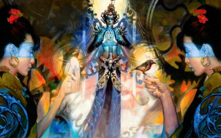 Woman holding bird shoulder painting - her hand and a bird free wallpaper