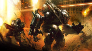 Sci fi characters fighting city - a city skyline in the background free wallpaper