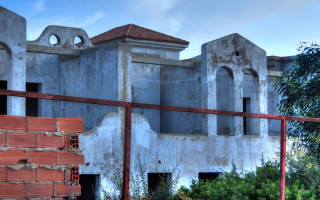 Building red fence fire hydrant - arthouse free wallpaper for desktop