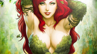 Woman red hair green leaves - behind her head free wallpaper