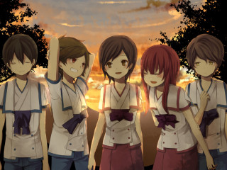Anime girls sunset sky trees 2 - a sunset sky free wallpaper