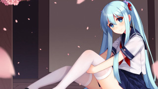 Blue hair anime girl sitting - anime girl free wallpaper for desktop