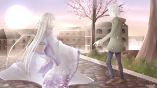 Woman white dress street cherry - a pink sky free wallpaper