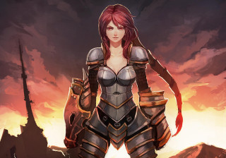 Woman armor sunset sword standing - her hand and a sword free wallpaper