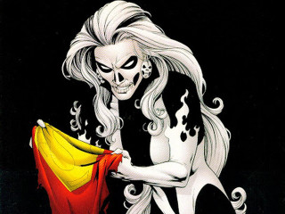 Woman yellow red dress holding - de stijl free wallpaper