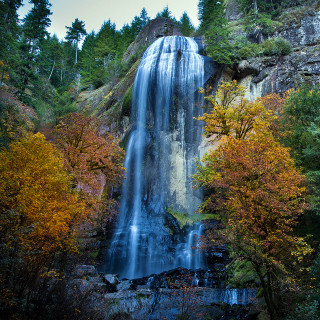 Waterfall bridge fall trees leaves - free forest wallpaper for tablet