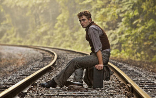 Man sitting train track suitcase - edward simmons free wallpaper