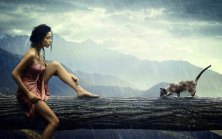 Woman tree branch cat walking - surreal photography free wallpaper for desktop