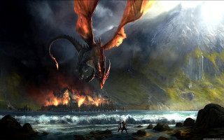 Dragon flying city mountain castle - dragon art free wallpaper