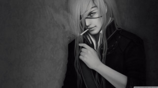 Blonde woman glasses smoking cigarette - a wall behind her free wallpaper for desktop