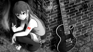 Girl sitting guitar brick wall - a guitar in front free wallpaper