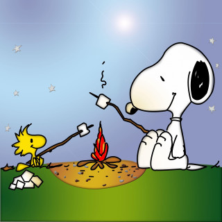 Snoopy roasting marshmallows campfire cartoon - free new year wallpaper for tablet