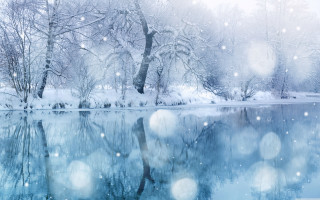 Snowy lake trees snow falling - magical realism free wallpaper