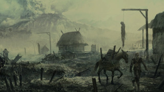 Man horse village foreground painting - a horse in the foreground free wallpaper