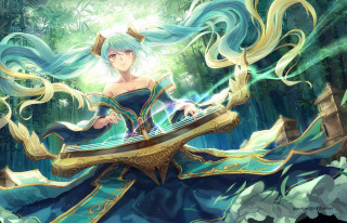 Blue hair forest harp fantasy - tree and bushes behind her free wallpaper