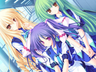 Three anime girls blue eyes 5 - a blue wall free wallpaper