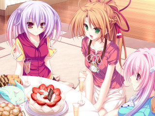 Anime girls sitting table cake - a pink hair free wallpaper