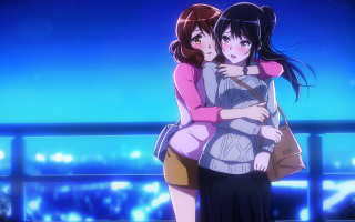 Girls hugging cityscape night lights - two girl free wallpaper for desktop