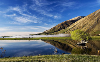 Lake mountains green field tree - free landscape wallpaper