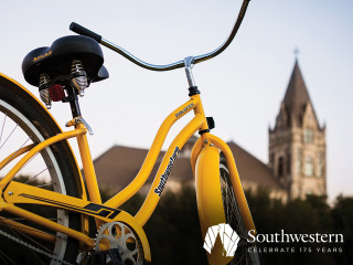Yellow bike church clock tower - a church free wallpaper