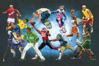 Sports group people playing ball - in gouache free wallpaper