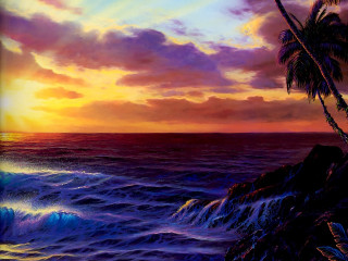 Sunset ocean palm tree wave - christophe vacher free wallpaper for desktop