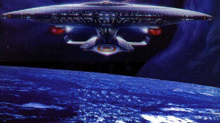 Large spaceship floating blue planet - barclay shaw free wallpaper
