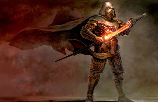 Man suit sword red light - a foggy area free wallpaper