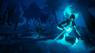 Woman dark forest glowing guitar - her hand and a man free wallpaper