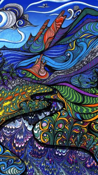 Colorful landscape waves clouds bird - psychedelic art free wallpaper for mobile