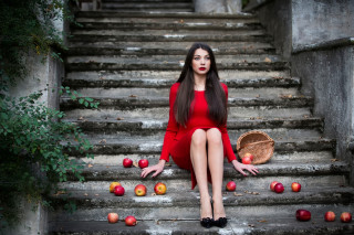 Woman red dress stairs apples - a basket of apples free wallpaper