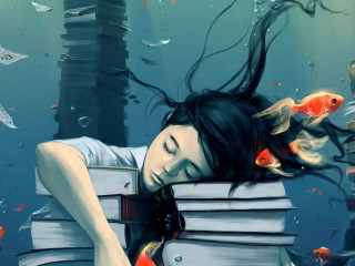 Woman laying books fish head - fish free wallpaper for desktop