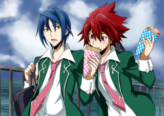 Anime boys drink cellphone cloudy - each other holding free wallpaper