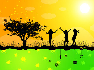 Group walking field tree sunset - summer vibrancy free wallpaper