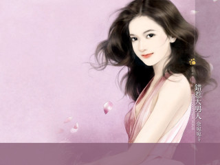 Woman long hair pink dress - a digital painting style free wallpaper