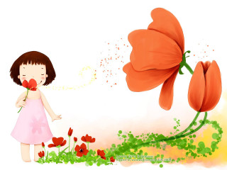 Girl pink dress holding flower - above her free wallpaper