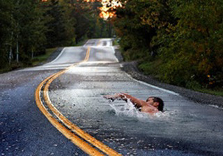 Man swimming road trees background - surreal photography free wallpaper