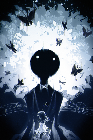 Strange head butterflies music notes - free halloween wallpaper for mobile