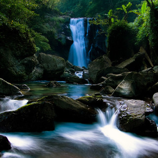 Waterfall forest rocks flowing lush - free spring wallpaper for tablet