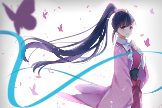 Woman pink dress long hair - a butterfly free wallpaper