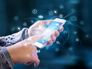 Person smartphone icons touching hands - technology free wallpaper