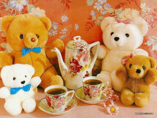 Teddy bears coffee tea group - free flowers wallpaper for desktop