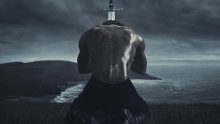 Man sword hill ocean cross - poster art free wallpaper for desktop