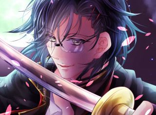 Man sword suit purple background - pink petal free wallpaper