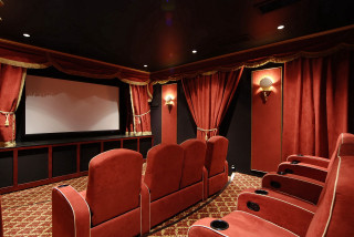 Theater red chairs projector screen - red curtain free wallpaper