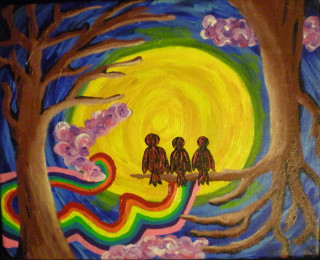 Three birds rainbow sky moon - three bird free wallpaper